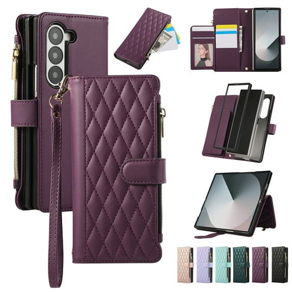 Dteck Crossbody Wallet Case for Samsung Galaxy Z Fold 6,Z Fold 6 Wallet Case with 6-Card Holder & Zipper Pocket Handbag Purse Magnetic Buckle Soft PU Leather Phone Case for Samsung Z Fold6,Deep Purple