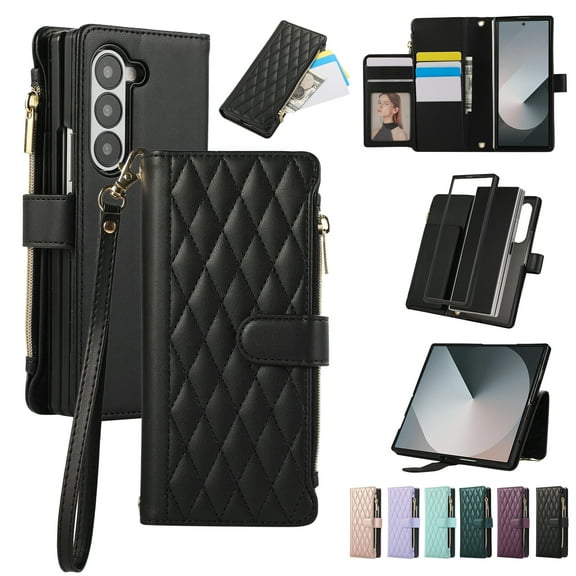 Dteck Crossbody Wallet Case for Samsung Galaxy Z Fold 6, Z Fold 6 Wallet Case with 6-Card Holder & Zipper Pocket Handbag Purse Magnetic Buckle Soft PU Leather Phone Case for Samsung Z Fold6,Black
