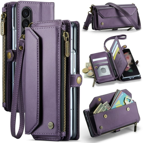 Dteck Crossbody Wallet Case for Samsung Galaxy Z Fold 7 with RFID Blocking 5-Card Slots & Pen Holder Slot, Soft PU Leather Shoulder Strap Zipper Pocket Purse Z Fold7 Phone Case,Purple