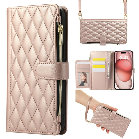 Dteck Crossbody Wallet Case for Samsung Galaxy A15, 6-Card Holder Elegant Soft PU Leather Magnetic Buckle Shoulder Strap Zipper Pocket Handbag Purse Phone Case,Rosegold