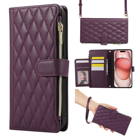 Dteck Crossbody Wallet Case for Samsung Galaxy A15, 6-Card Holder Elegant Soft PU Leather Magnetic Buckle Shoulder Strap Zipper Pocket Handbag Purse Phone Case,Deep Purple