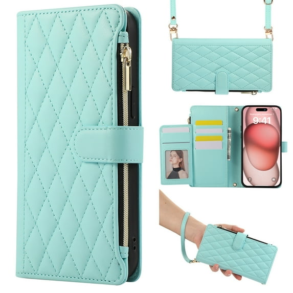Dteck Crossbody Wallet Case for iPhone 11 Pro Max, 6-Card Holder Elegant Soft PU Leather Magnetic Buckle Shoulder Strap Zipper Pocket Handbag Purse Phone Case,Mint
