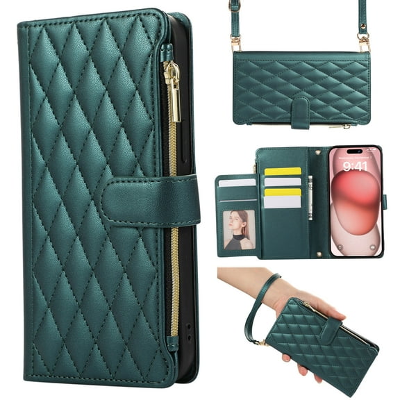 Dteck Crossbody Wallet Case for iPhone 13 Pro, 6-Card Holder Elegant Soft PU Leather Magnetic Buckle Shoulder Strap Zipper Pocket Handbag Purse Phone Case,Deep Green