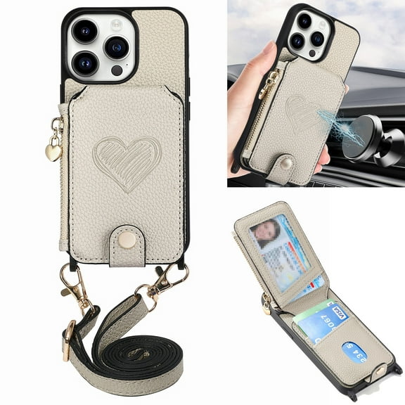 Dteck Crossbody Wallet Case for iPhone 13 Pro with Card Holder, Zipper Card Slot Shockproof Purse Cover with Removable Lanyard 6.1 Inch,Gray