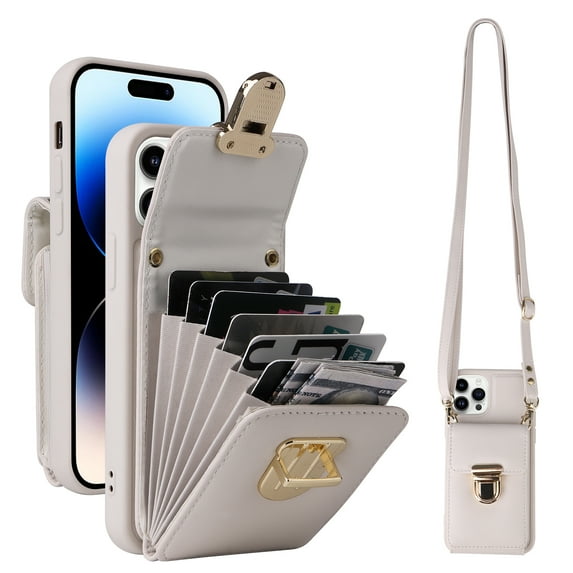 Dteck Crossbody Wallet Case for iPhone 14, PU Leather Purse Case with Card Holder, Flip Cover with Metal Lock Buckle Lanyard for Women Men, White