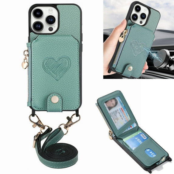 Dteck Crossbody Wallet Case for iPhone 14 Pro Max with Card Holder, Zipper Card Slot Shockproof Purse Cover with Removable Lanyard 6.7 Inch,Green