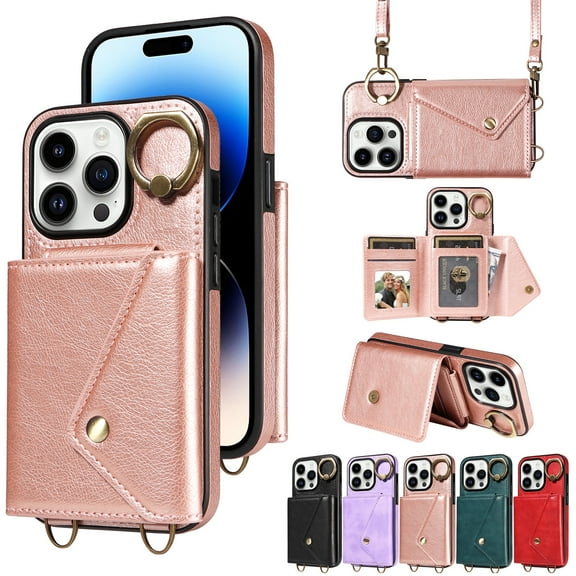 Dteck Crossbody Wallet Case for iPhone 15 Plus with Card Holder, Metal Ring Stand Shockproof Purse Cover with Removable Crossbody Strap,Rosegold