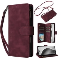Dteck Crossbody Wallet Case for iPhone 17 Pro 6.3 Inch, 6 Card Slots Zipper Pocket PU Leather Stand Flip Cover with Lanyard Wrist Strap,Winered