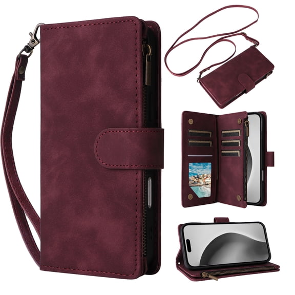 Dteck Crossbody Wallet Case for iPhone 17 Pro 6.3 Inch, 6 Card Slots Zipper Pocket PU Leather Stand Flip Cover with Lanyard Wrist Strap,Winered