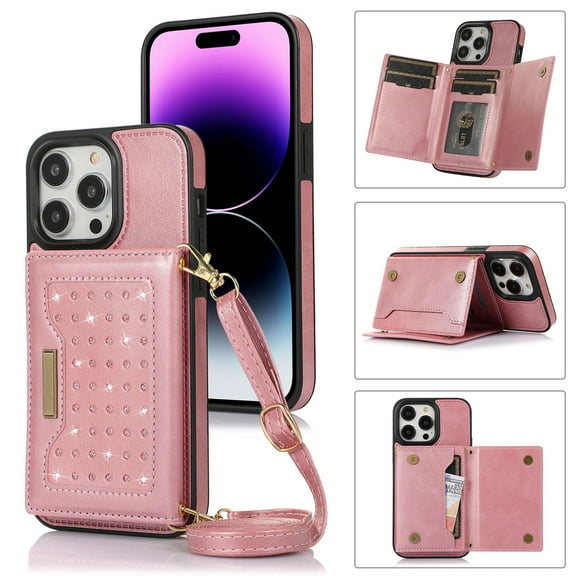 Dteck Crossbody Wallet Case for iPhone 11 Pro Max with RFID Blocking Card Slot Holder,Magnetic Flip Folio Purse Case,PU Leather with Bling Diamond Design Hangbag with Detachable Lanyard Strap,Pink