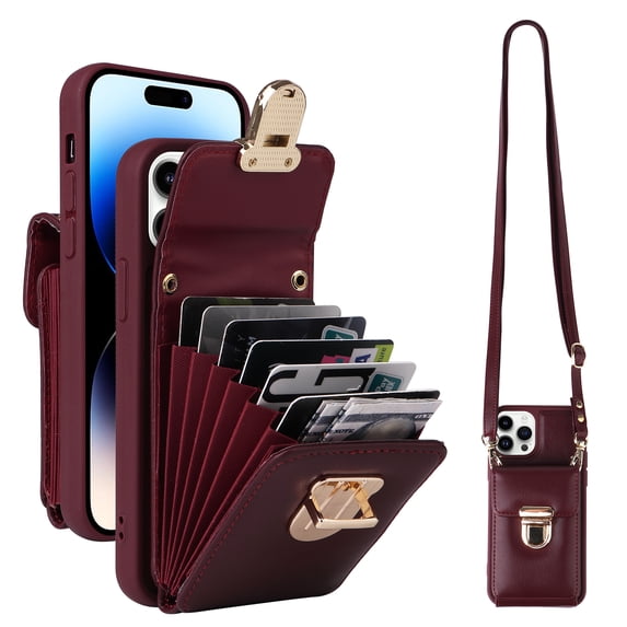 Dteck Crossbody Wallet Case for iPhone 11 Pro, PU Leather Purse Case with Card Holder, Flip Cover with Metal Lock Buckle Lanyard for Women Men, Winered