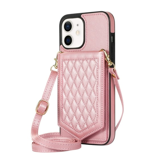 Dteck Crossbody Wallet Case for iPhone 11 with RFID Blocking Card Holder, Built-in Make-Up Mirror for Women Girl Shockproof Purse Cover with Removable Shoulder Strap 6.1 Inch, Rosegold