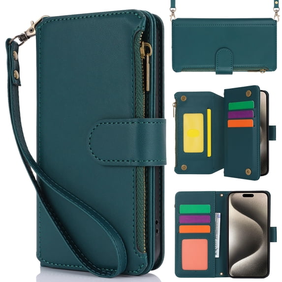 Dteck Crossbody Wallet Case for iPhone 12 Mini RFID Blocking 7-Card Holder Soft PU Leather Magnetic Closure Shoulder Strap Zipper Pocket Phone Case Fit for iPhone 12 Mini,Green