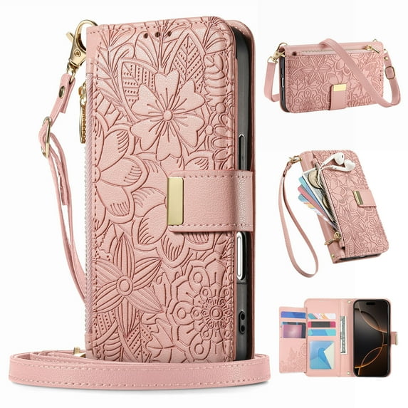 Dteck Crossbody Wallet Case for iPhone 12 Pro / 12 6.1" with Card Holder, Soft Embossing PU Leather Magnetic Closure Strap Zipper Pocket Phone Case Fit for iPhone 12 Pro / 12 6.1",Rosegold