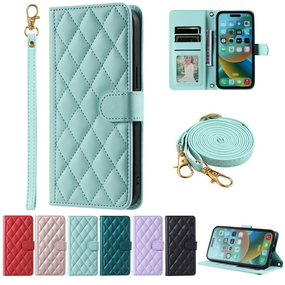 Dteck Crossbody Wallet Case for iPhone 12 Pro / 12 6.1", PU Leather Phone Case with Card Holder Kickstand & Wrist Strapp Cover Magnetic Closure Flip Handbag Purse Shell for Women,Mint