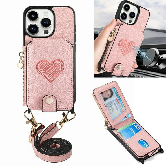 Dteck Crossbody Wallet Case for iPhone 12 Pro, iPhone 12 Case with Card Holder, Zipper Card Slot Shockproof Purse Cover with Removable Lanyard 6.1 Inch,Pink