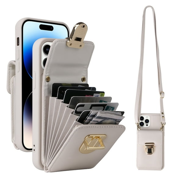 Dteck Crossbody Wallet Case for iPhone 12 Pro Max, PU Leather Purse Case with Card Holder, Flip Cover with Metal Lock Buckle Lanyard for Women Men, White