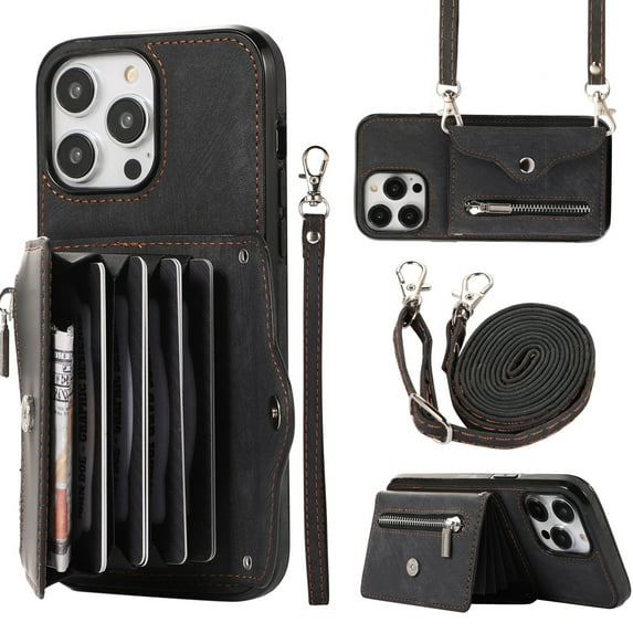 Dteck Crossbody Wallet Case for iPhone 12 / iPhone 12 Pro, RFID Blocking PU Leather Zipper Handbag Purse Flip Cover, Kickstand Folio Case with Card Slots Wrist Strap Lanyard 6.1 Inch,Black