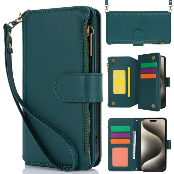 Dteck Crossbody Wallet Case for iPhone 13 Mini RFID Blocking 7-Card Holder Soft PU Leather Magnetic Closure Shoulder Strap Zipper Pocket Phone Case Fit for iPhone 13 Mini,Green