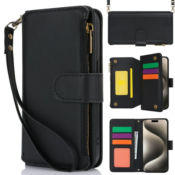 Dteck Crossbody Wallet Case for iPhone 13 Mini RFID Blocking 7-Card Holder Soft PU Leather Magnetic Closure Shoulder Strap Zipper Pocket Phone Case Fit for iPhone 13 Mini,Black