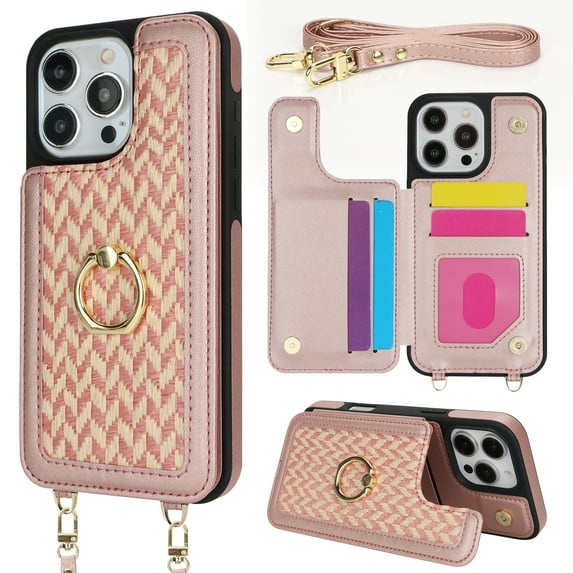 Dteck Crossbody Wallet Case for iPhone 13 Pro, Crossbody PU Leather Purse with Wristlet Strap Lanyard Pocket Card Holder Ring Kickstand Cover for Women Case for Apple iPhone 13 Pro, Rosegold