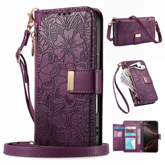 Dteck Crossbody Wallet Case for iPhone 13 Pro Max with Card Holder, Soft Embossing PU Leather Magnetic Closure Strap Zipper Pocket Phone Case Fit for iPhone 13 Pro Max,Purple