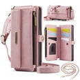 thumbnail image 1 of Dteck Crossbody Wallet Case for iPhone 13 Pro Max RFID Blocking 9-Card Holder Matte PU Leather Magnetic Snap Shoulder Strap Zipper Pocket Phone Case Fit for iPhone 13 Pro Max,Pink, 1 of 9