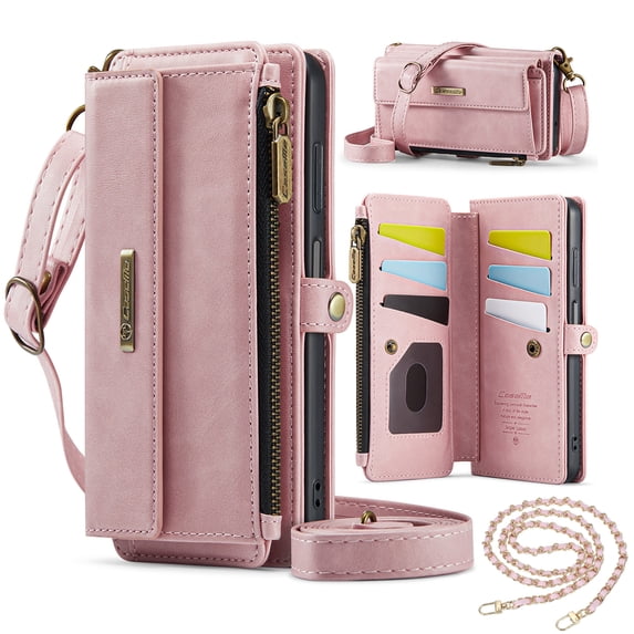 Dteck Crossbody Wallet Case for iPhone 13 Pro Max RFID Blocking 9-Card Holder Matte PU Leather Magnetic Snap Shoulder Strap Zipper Pocket Phone Case Fit for iPhone 13 Pro Max,Pink