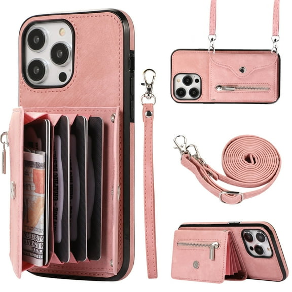 Dteck Crossbody Wallet Case for iPhone 13 Pro Max, RFID Blocking PU Leather Zipper Handbag Purse Flip Cover, Kickstand Folio Case with Card Slots Wrist Strap Lanyard 6.7 Inch,Rosegold