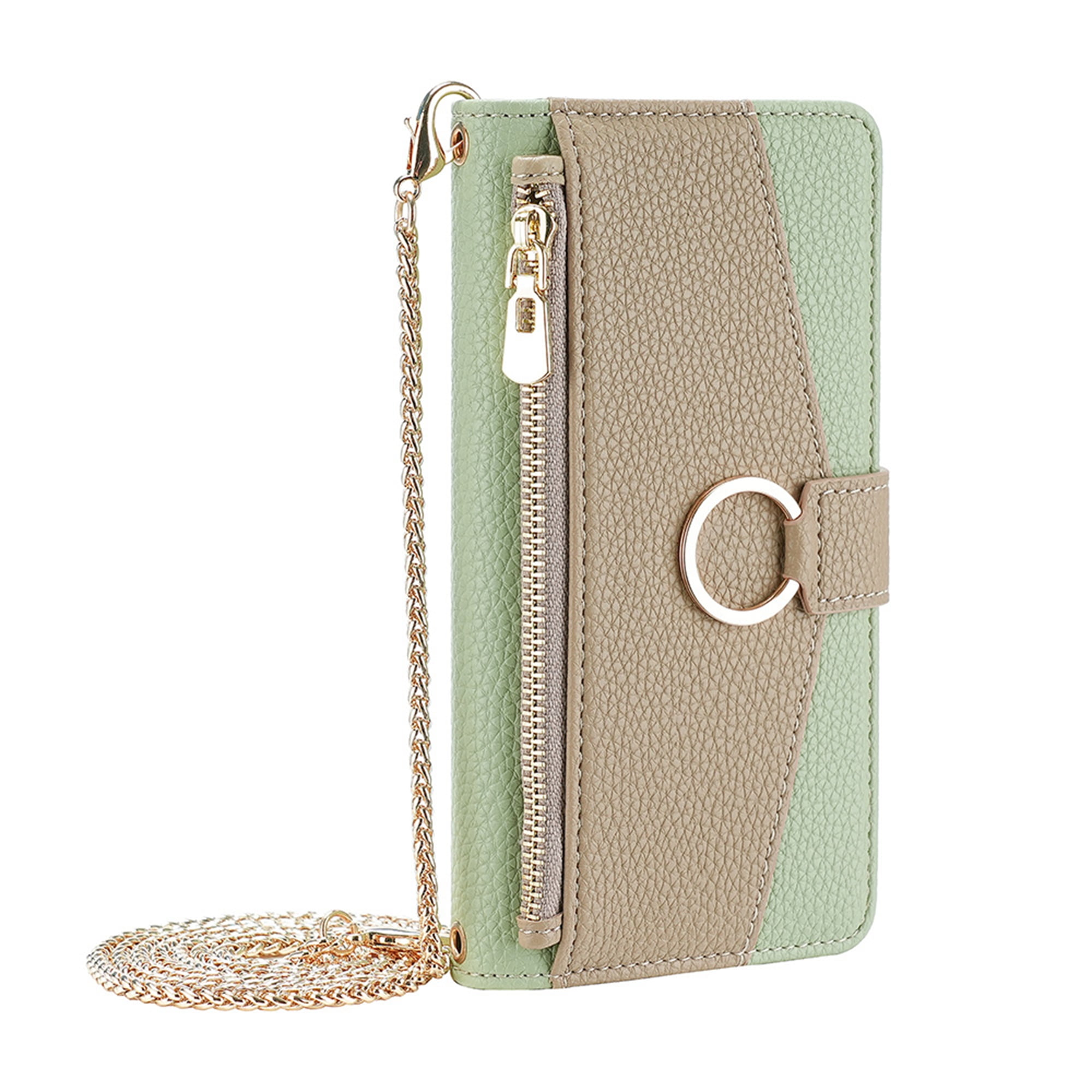 Dteck Crossbody Wallet Case for iPhone 13 Pro, Premium Color-Blocking PU Leather Zipper Purse with Card Holder Mini Mirror for Women Girls, Folio Flip Phone Case with Magnetic Closure,Green