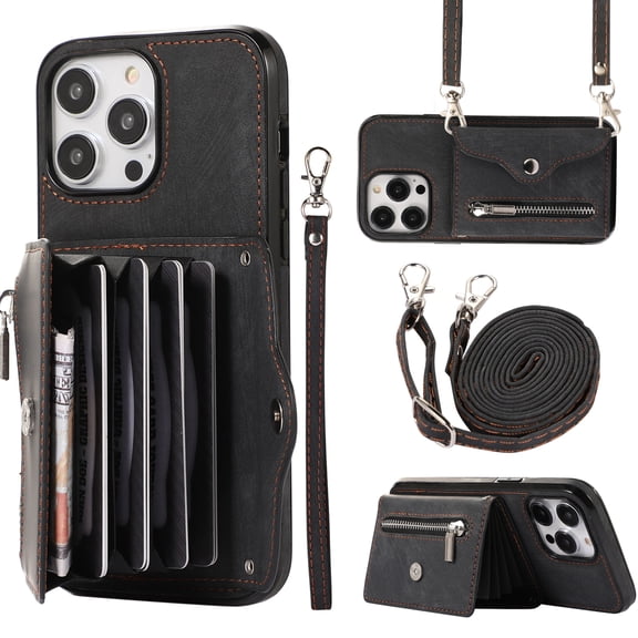 Dteck Crossbody Wallet Case for iPhone 13 Pro, RFID Blocking PU Leather Zipper Handbag Purse Flip Cover, Kickstand Folio Case with Card Slots Wrist Strap Lanyard 6.1 Inch,Black