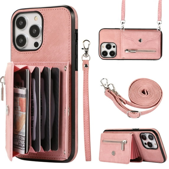 Dteck Crossbody Wallet Case for iPhone 13 Pro, RFID Blocking PU Leather Zipper Handbag Purse Flip Cover, Kickstand Folio Case with Card Slots Wrist Strap Lanyard 6.1 Inch,Rosegold