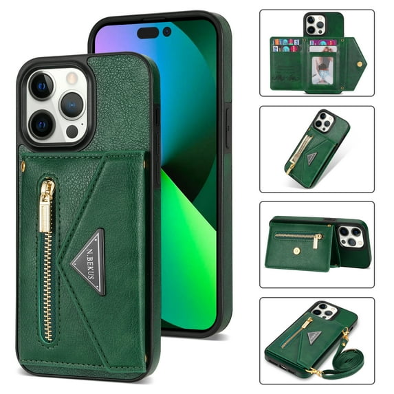 Dteck Crossbody Wallet Case for iPhone 14 Pro Max,Card Holder Phone Case with Magnetic Closure PU Leather Zipper Lanyard Strap Purse Kickstand Flip Cover Protective Case for Women Girl,Green