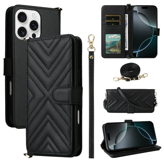 Dteck Crossbody Wallet Case for iPhone 14 Pro Max, PU Leather 6-Card Slots Holder Handbag Purse Flip Cover, Kickstand Folio Case with Wrist Strap Lanyard for iPhone 14 Pro Max,Black