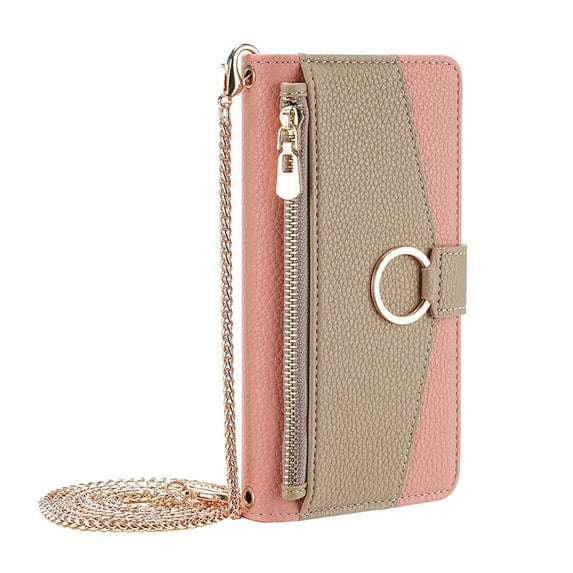 Dteck Crossbody Wallet Case for iPhone 14 Pro Max, Premium Color-Blocking PU Leather Zipper Purse with Card Holder Mini Mirror for Women Girls, Folio Flip Phone Case with Magnetic Closure,Pink