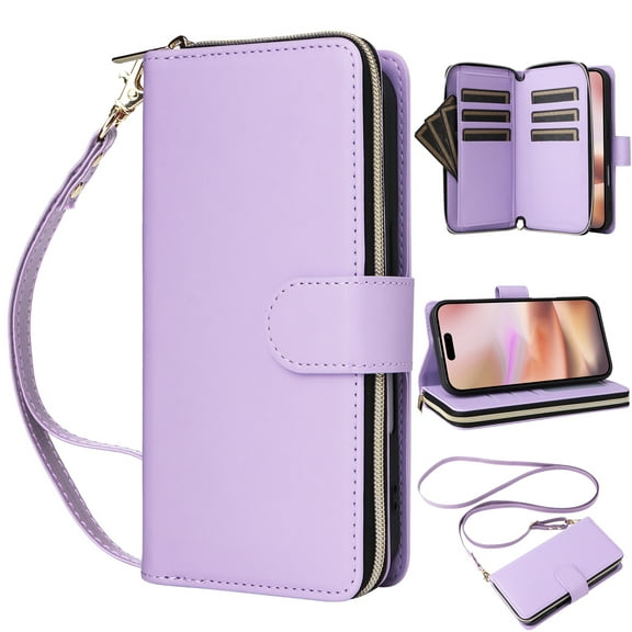 Dteck Crossbody Wallet Case for iPhone 14 Pro Max, Soft PU Leather with 9-Card Slots Holder Kickstand, Handbag Zipper Flip Cover with Wrist Strap for Men Women,Purple