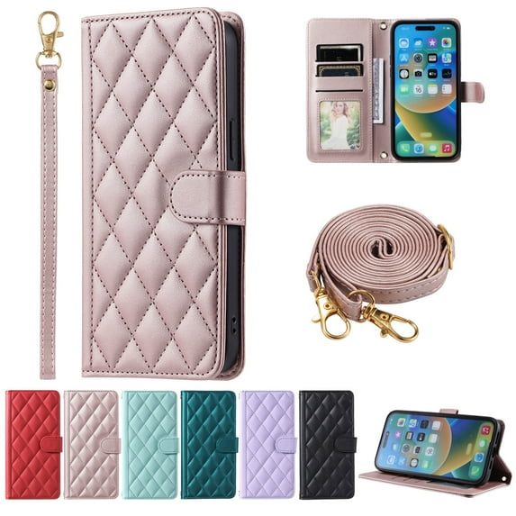 Dteck Crossbody Wallet Case for iPhone 14 Pro, PU Leather Phone Case with Card Holder Kickstand & Wrist Strapp Cover Magnetic Closure Flip Handbag Purse Shell for Women,Rosegold
