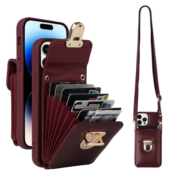 Dteck Crossbody Wallet Case for iPhone 14 Pro, PU Leather Purse Case with Card Holder, Flip Cover with Metal Lock Buckle Lanyard for Women Men, Winered