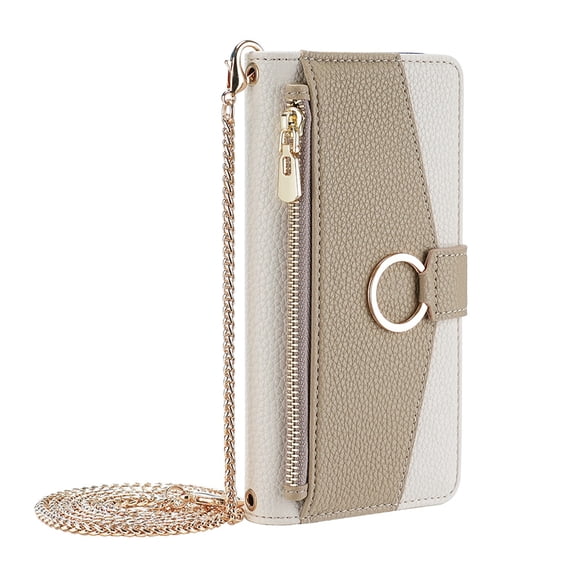 Dteck Crossbody Wallet Case for iPhone 14 Pro, Premium Color-Blocking PU Leather Zipper Purse with Card Holder Mini Mirror for Women Girls, Folio Flip Phone Case with Magnetic Closure,White