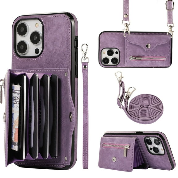 Dteck Crossbody Wallet Case for iPhone 14 Pro, RFID Blocking PU Leather Zipper Handbag Purse Flip Cover, Kickstand Folio Case with Card Slots Wrist Strap Lanyard 6.1 Inch,Purple
