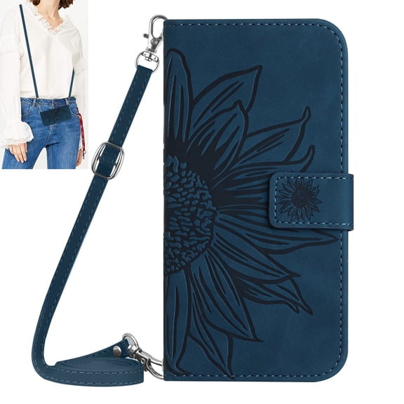 Dteck Crossbody Wallet Case for iPhone 15, Embossed Flower PU Leather Flip Folio Case with Credit Card Holder, Magnetic Closure Shockproof Protective Phone Cover Wallet,Ink Blue
