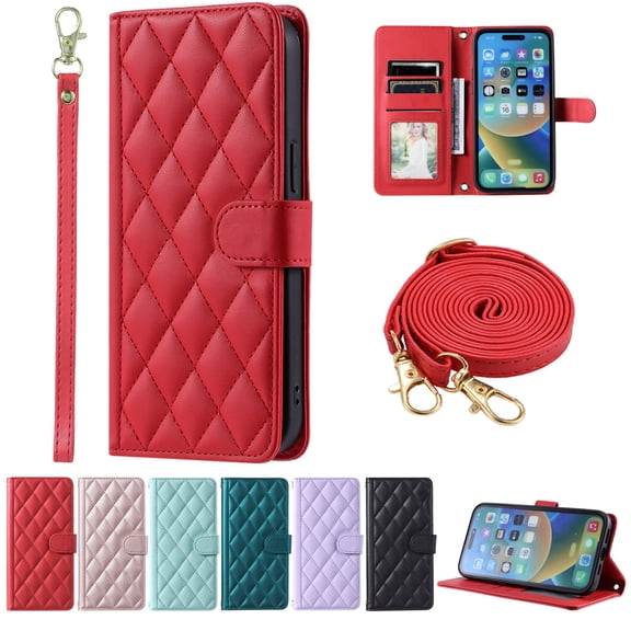 Dteck Crossbody Wallet Case for iPhone 15, PU Leather Phone Case with Card Holder Kickstand & Wrist Strapp Cover Magnetic Closure Flip Handbag Purse Shell for Women,Red