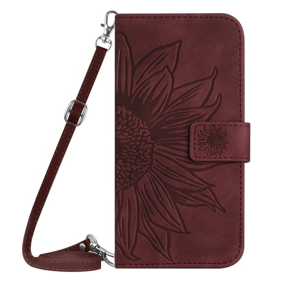Dteck Crossbody Wallet Case for iPhone 15 Plus, Embossed Flower PU Leather Flip Folio Case with Credit Card Holder, Magnetic Closure Shockproof Protective Phone Cover Wallet,Winered