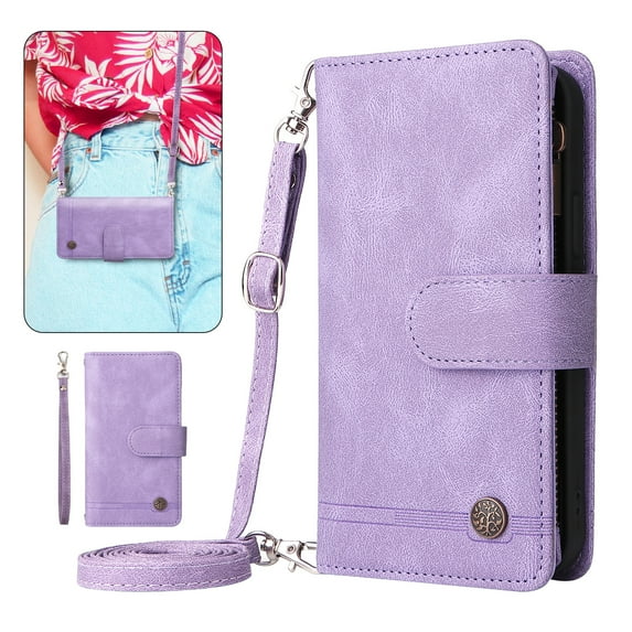 Dteck Crossbody Wallet Case for iPhone 15 Plus,Magnetic Leather Card Slots Zipper Wallet Kickstand Heavy Duty Lanyard Strap/Shoulder Strap Cover,Purple