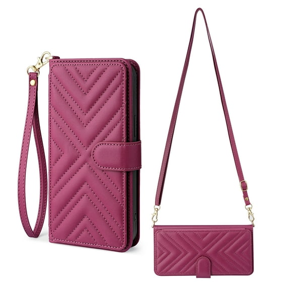 Dteck Crossbody Wallet Case for iPhone 15 Plus, PU Leather 6-Card Slots Holder Handbag Purse Flip Cover, Kickstand Folio Case with Wrist Strap Lanyard for iPhone 15 Plus,Rose