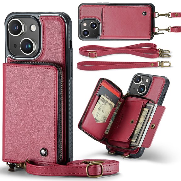 Dteck Crossbody Wallet Case for iPhone 15 Plus, RFID Blocking PU Leather Zipper Handbag Purse Flip Cover, Kickstand Folio Case with Card Slots Holder Wrist Strap Lanyard,Red