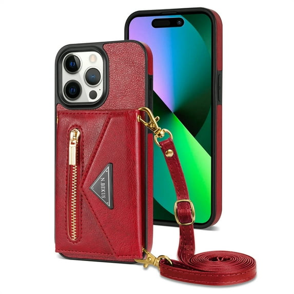 Dteck Crossbody Wallet Case for iPhone 15 Pro with Card Slots Holder, Magnetic Flip Folio Purse Case, PU Leather Zipper Handbag with Detachable Lanyard Strap for iPhone 15 Pro,Red
