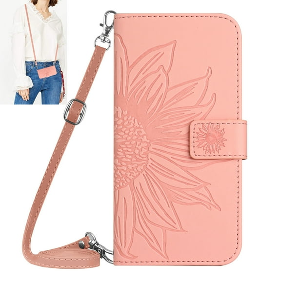 Dteck Crossbody Wallet Case for iPhone 15 Pro, Embossed Flower PU Leather Flip Folio Case with Credit Card Holder, Magnetic Closure Shockproof Protective Phone Cover Wallet,Pink