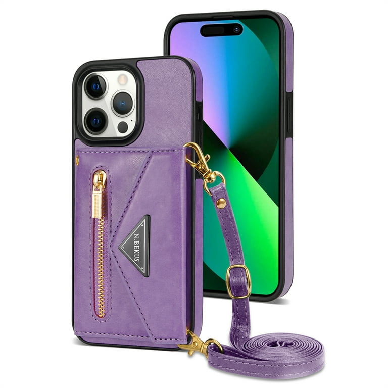 Dteck Crossbody Wallet Case for iPhone 15 Pro Max with Card Slots Holder Magnetic Flip Folio Purse Case PU Leather Zipper Handbag with Detachable Lanyard Strap for iPhone 15 Pro Max Purple
