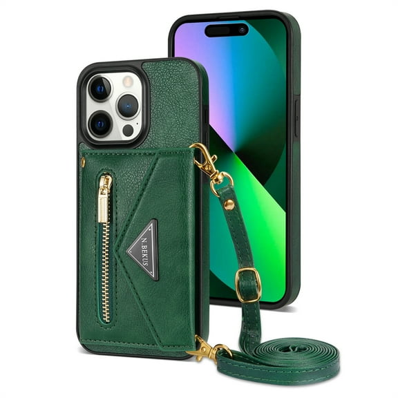Dteck Crossbody Wallet Case for iPhone 15 Pro Max with Card Slots Holder, Magnetic Flip Folio Purse Case, PU Leather Zipper Handbag with Detachable Lanyard Strap for iPhone 15 Pro Max,Green